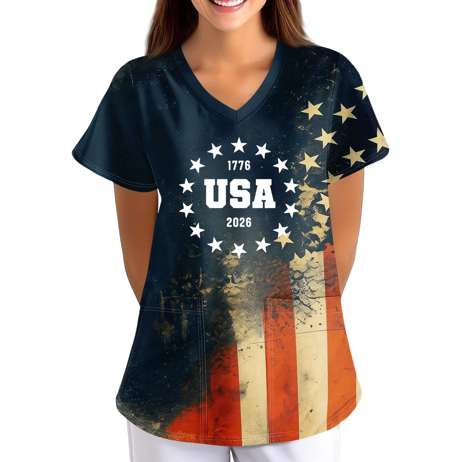Women V Neck Short Sleeve Loose Fit Medical Scrub Top with Pockets Lightweight Comfortable Work Uniform for Nurses Caregivers XXXL