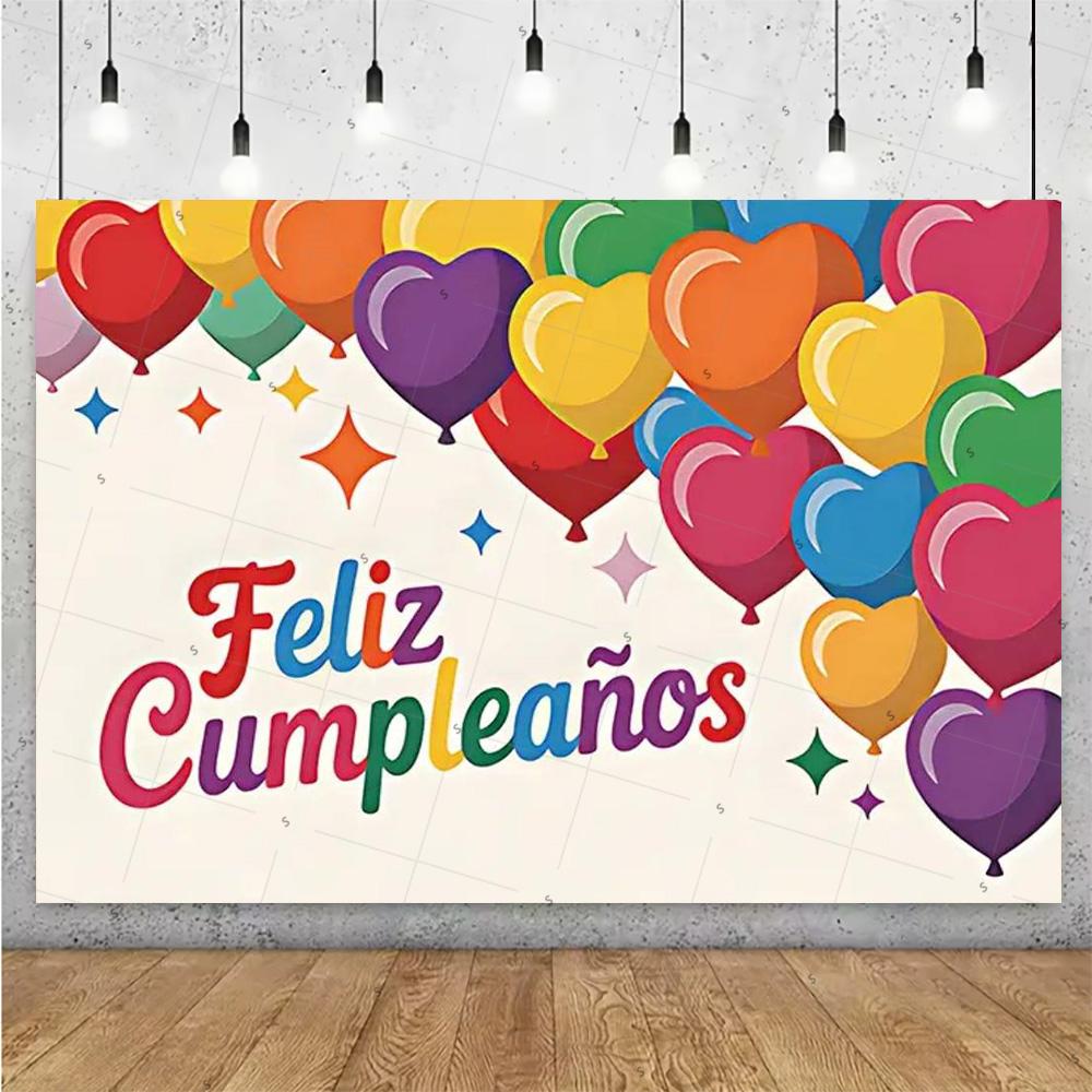 Happy Theme Background In Spanish, Party Decoration with Colored Globes, Background Banner, Gift for Children, Photo Session