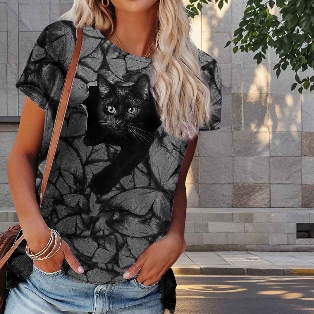 Women Summer T Shirt Black Cat Print Retro Fashion Short Sleeve Tees Casual   Printed  Tops