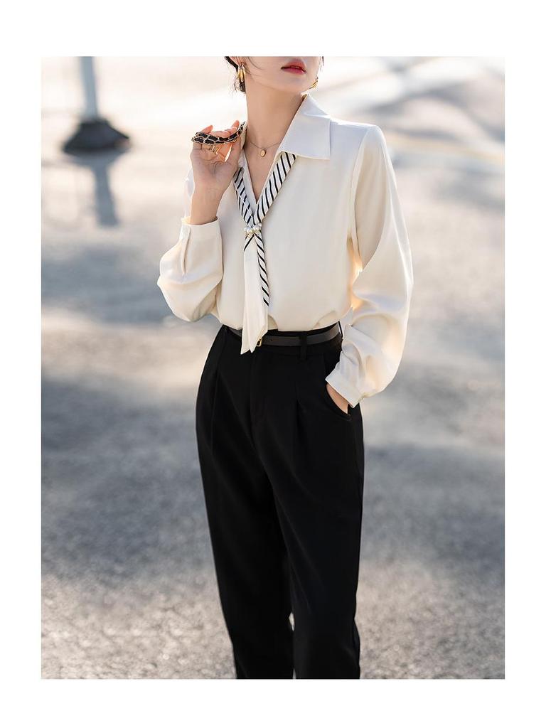 French Ribbon Satin Long Sleeve Women's Shirt - 2026 Spring Professional Style