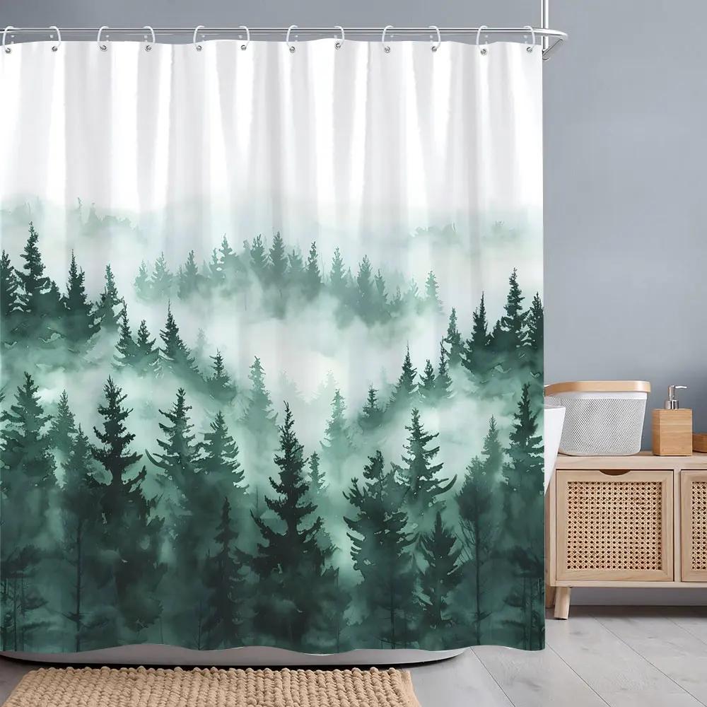 Misty Forest Shower Curtain Dreamy Rainforest Watercolour Print Polyester Fabric Shower Curtains Bathroom Decoration with Hooks