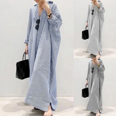 Frauen Casual Baumwolle Leinen Gestreifte Strickjacke Lose Temperament Unregelmäßiges Kleid