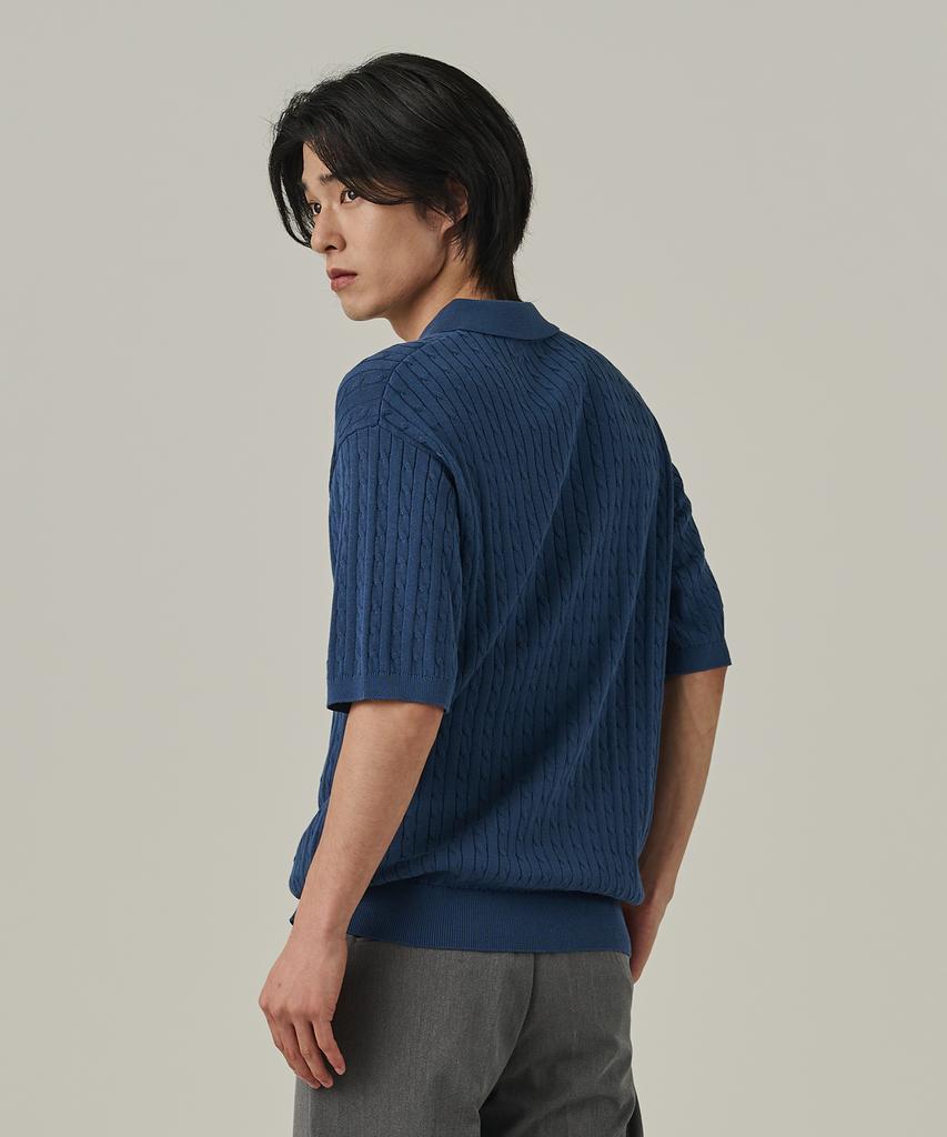 ANALOG MOOD Cable Half-Zip Collar Short-Sleeve Knit (Deep Blue)
