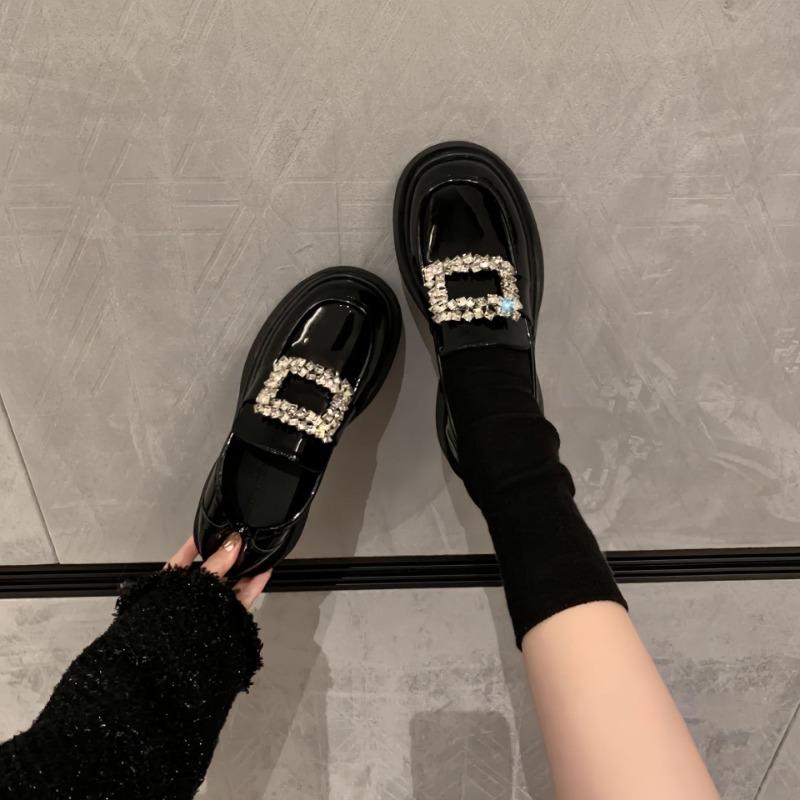Women Loafers Round Head Rhinestone Square Buckle Thick Bottom Soft Sole Single Shoes Small Leather Shoes