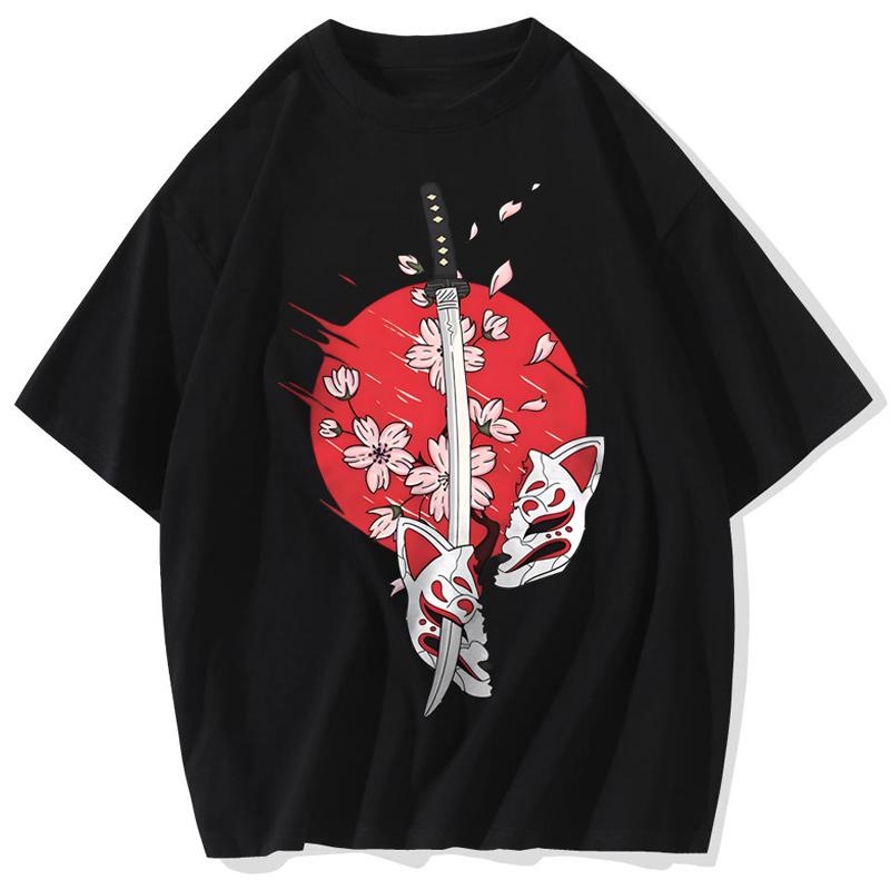 

Retro TShirts For Men d Japanese Samurai Sword Print Male Washed Clothing Street Harajuku Short Sleeved Tees Oversized TShirt S