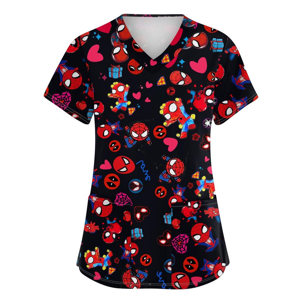 Women's Fashion V-neck Short Sleeve Workwear With Pockets Printed Tops