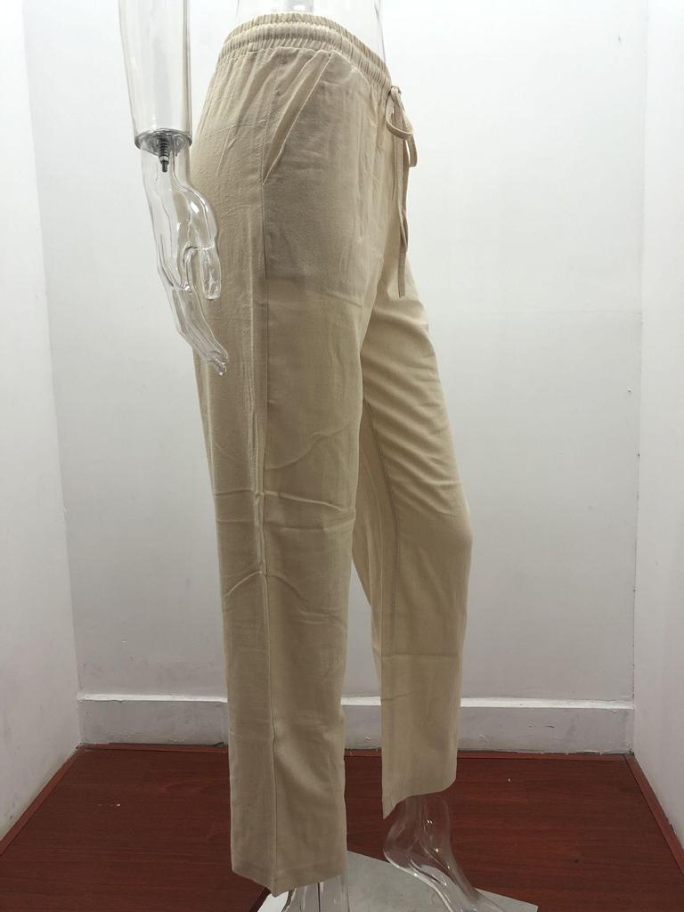 2026 Spring/Summer Women's Solid Color Cotton Linen Drawstring Wide-Leg Casual Pants