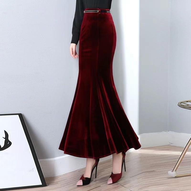 Women S High Waist Midi Fishtail Skirt Plus Size Velvet Long Skirt
