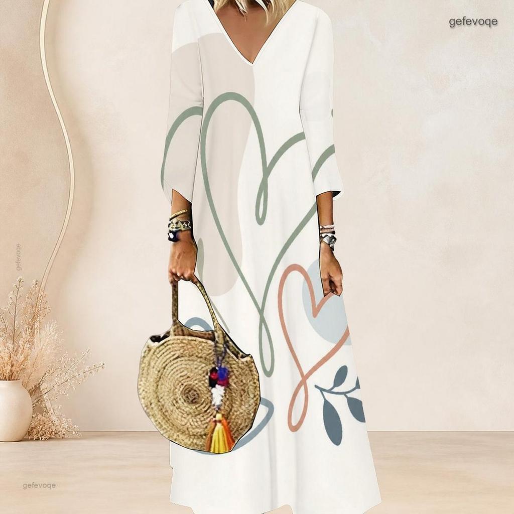 Plus Size Women V Neck 3 4 Sleeve Maxi Dress Soft Chic Casual Holiday Street Gown