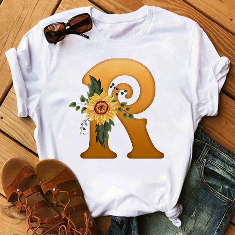 Maycaur Women's T Shirt Custom Name Letter Combination Print Tshirt Sunflower Letter Font A B C D E F G Short Sleeve Ladies Tops