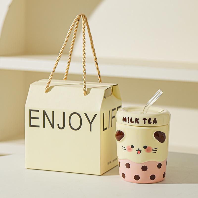 Cute Mug Couple Straw Cup with Lid Cup Gift Box Ceramic Cup Souvenir Birthday Gift Girl Practical