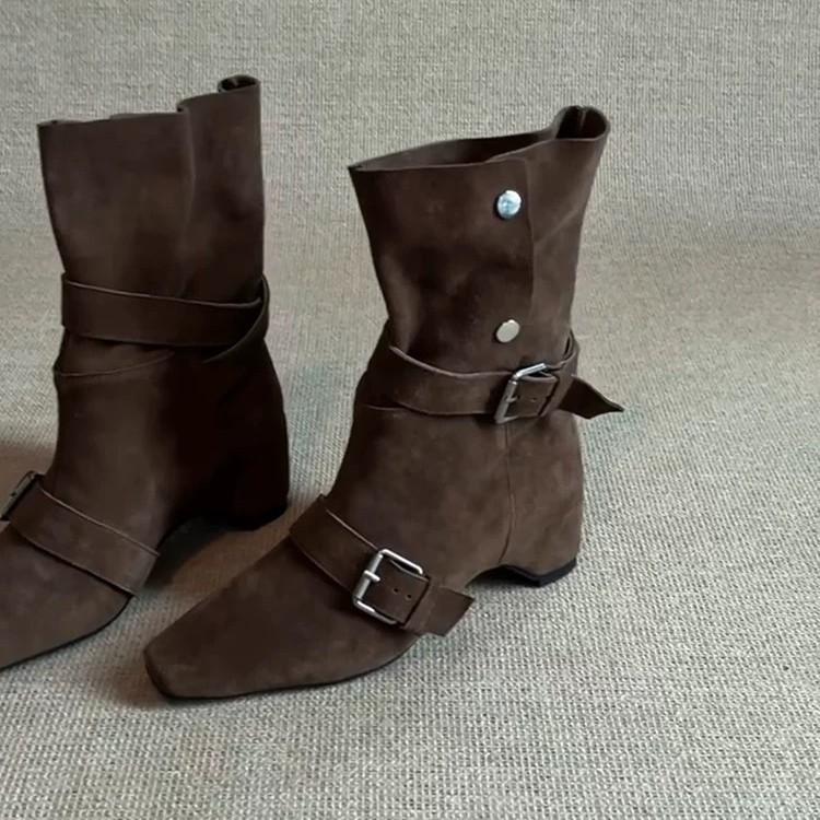 Cowhide Version~ Retro Niche Temperament Square Head Inner Height Increase Belt Buckle Western Cowboy Boots Women Fold Two Wear Short Boots