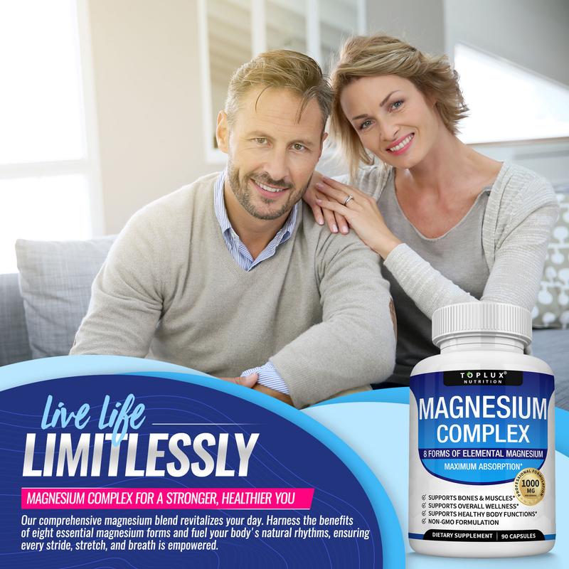 Magnesium Complex Supplement 8 Elemental 1000mg - Taurate, Chelated for Easy Absorption for Bones, Muscle, Recovery, Energy, Vegan Non-GMO 90 Capsules