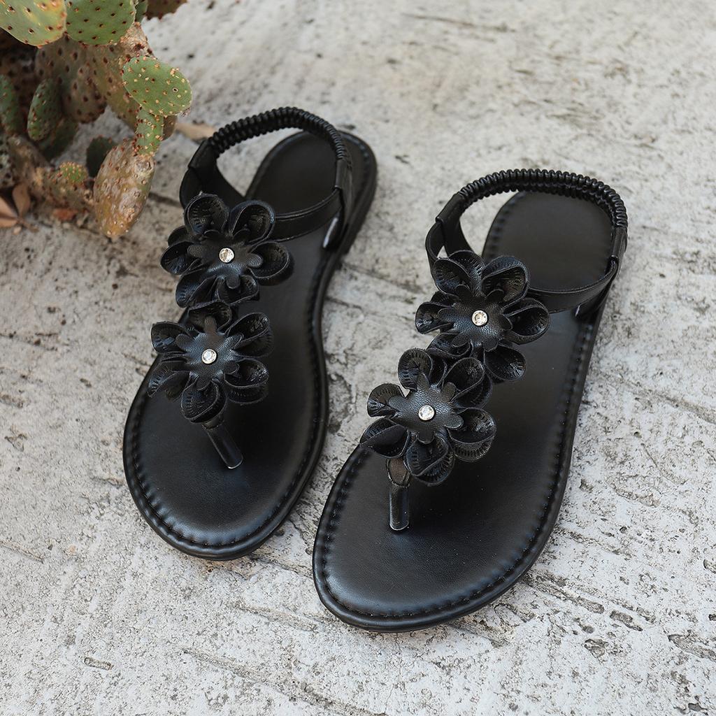 European and American elegant flower toe flat sandals vacation style elastic band large size beach cool slippers