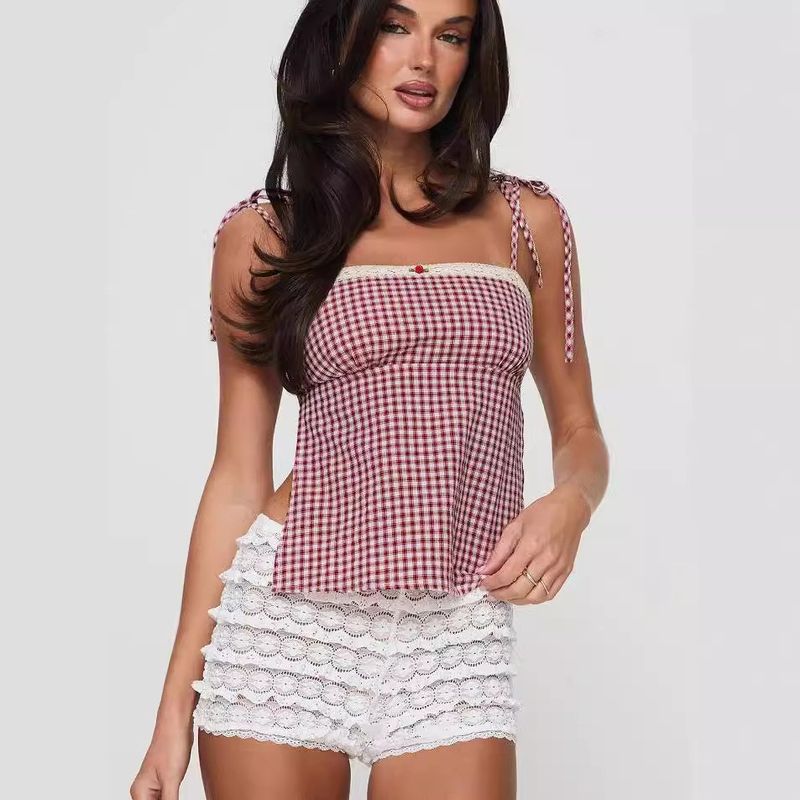 Versatile Stylish Fashion Summer Sexy Lace-up Women's Clothing Sexy Lace-up Backless Gingham Sling Small Tank Top Top
