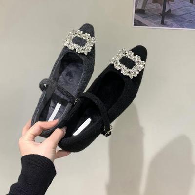 Binnenverhoging strass suède zwart enkele schoenen damesschoenen 2024 herfst en winter met rok pluche Mary Jane pluizige schoenen