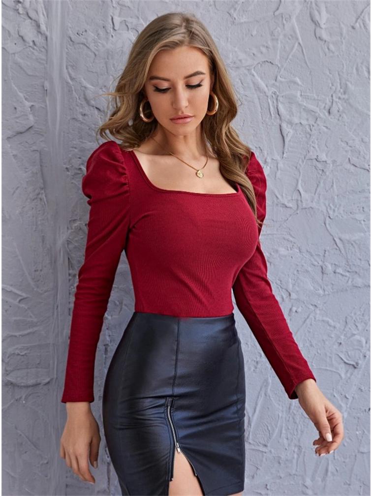 

2024 Women s Square Neck Puff Sleeve Slimming Dress M вино красного