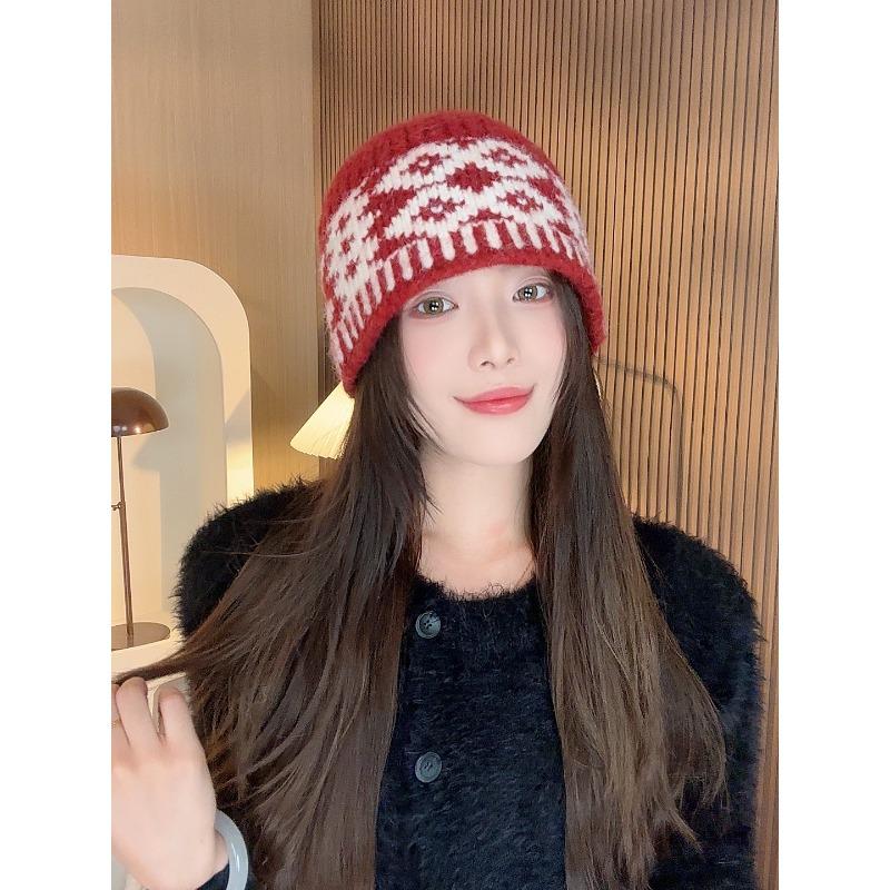 

Женская осенне-зимняя универсальная шерстяная шапка в корейском стиле с этническим вязаным узором, шапка-панама, теплая шапка-ведро для ушей в японском стиле 54-60CM