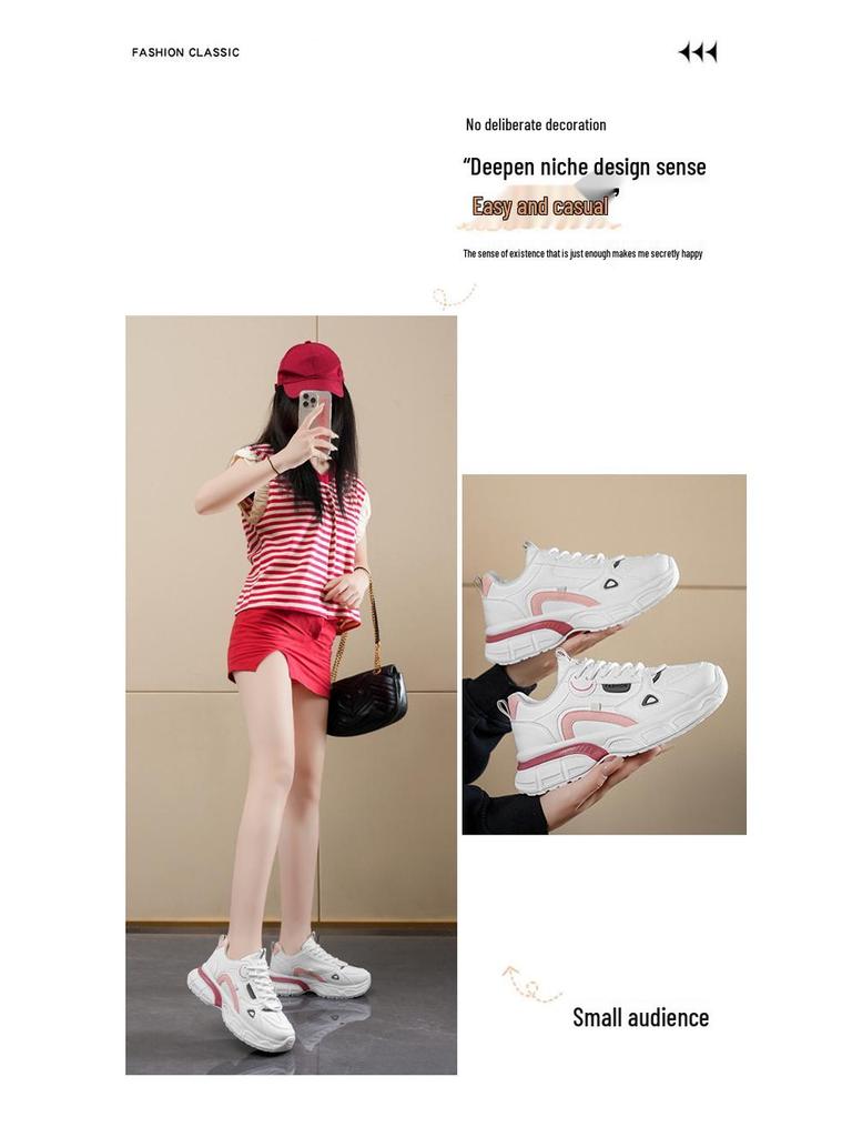 2025 Spring Women's Korean Style Breathable White Sneakers: Versatile Thick Sole, Height Increasing, Casual Sports Dad Shoes