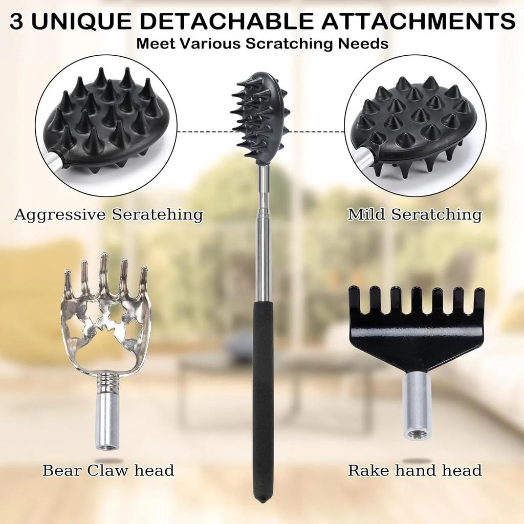 3 Detachable Scratching Heads Back Scratcher: Dual Sides, Telescoping, Adjustable, Metal Construction