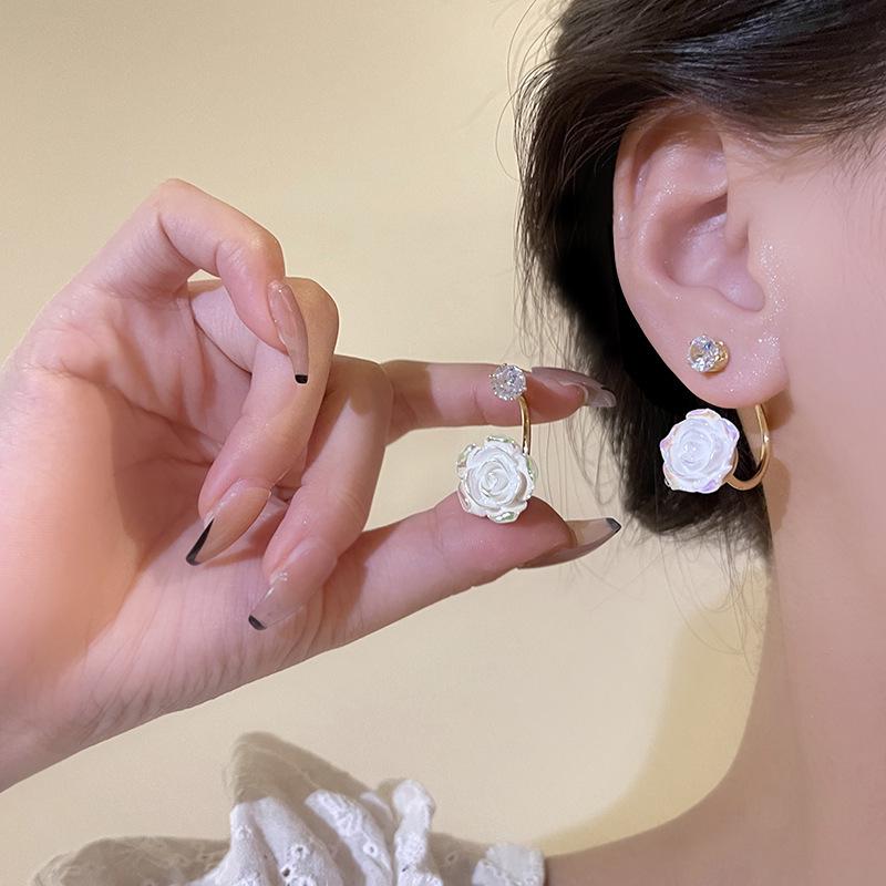 Sterling Silver Bow Gardenia Stud Earrings - Light Luxury Korean Style