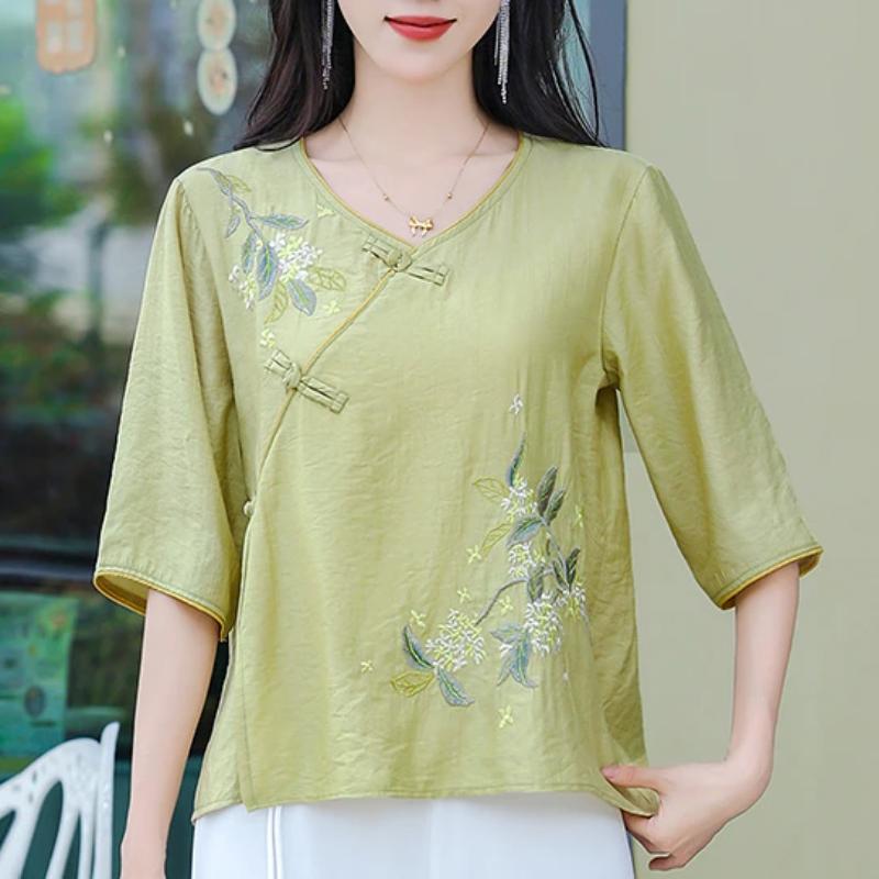 Womens Chinese Style Floral Embroidered Blouse