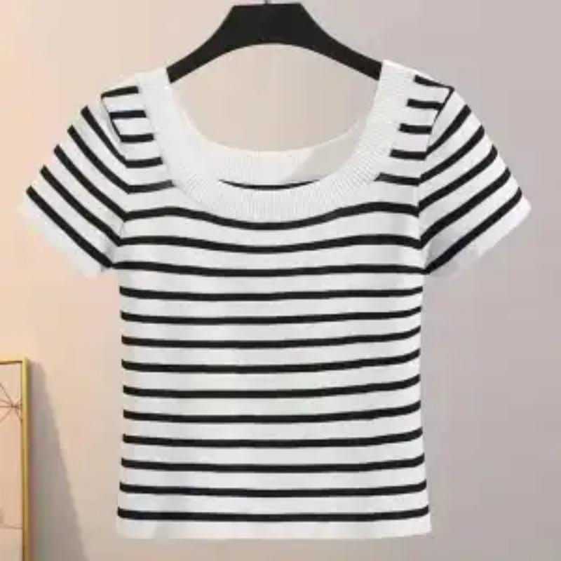 Летний женский полосатый вязаный укороченный топ с квадратным вырезом S белый