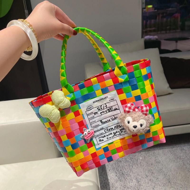 

Cute Plastic Woven Gift Basket Bag Handbag With Hand Fresh Wind Beach Tote Women s 30x20x10