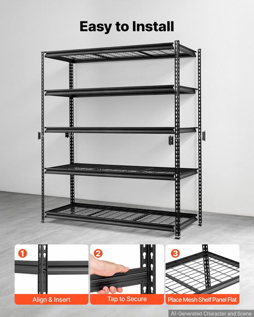 VEVOR Storage Shelves, 5-Tier 1361 kg Garage Shelving 153 x 61.2 x 181.3 cm, for Garage, Basement, Warehouse, Workshop