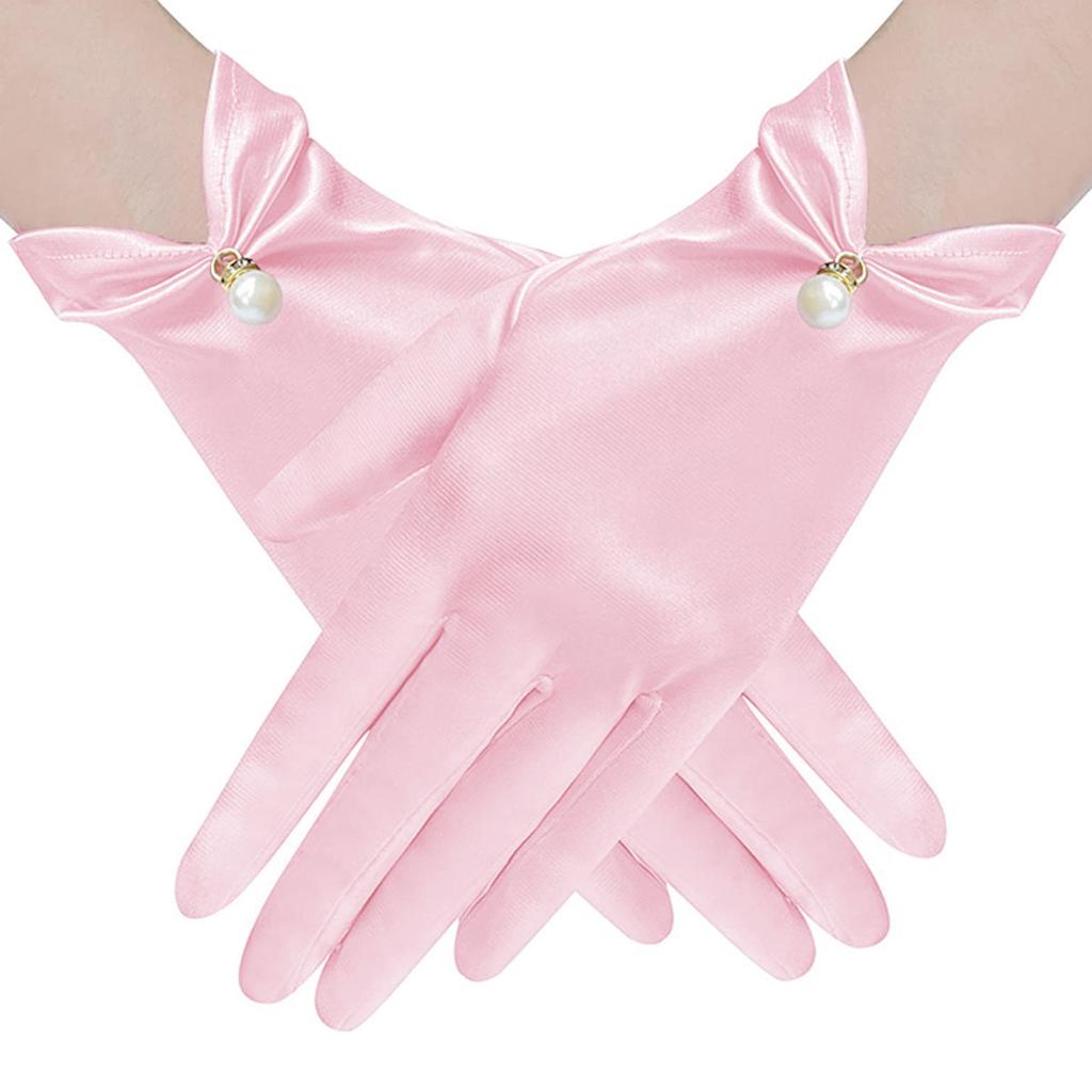 Women Elegant Satin Short Mittens Faux Pearl Pendant Decoration Solid Color Etiquette Gloves Dinner Party Opera Wedding Stage Performance