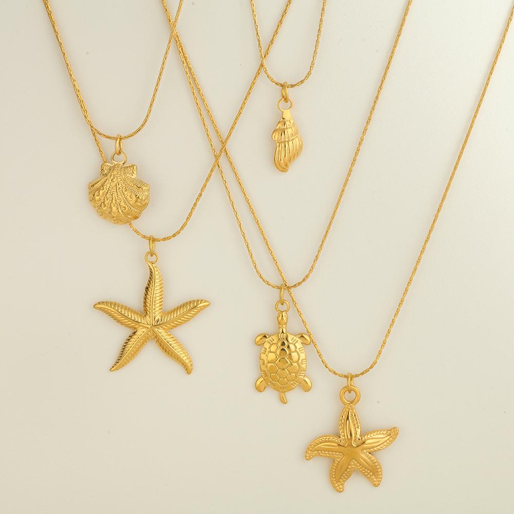 Ocean Series Guld Choker Rostfritt Stål Hänge Halsband för Kvinnor Snäcka Sjöstjärna Hängen Kvinnors Chunky Smycken Tillbehör