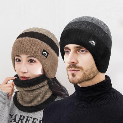 Winterwolle Warm Farbpassend Ohrenschutz Strickmütze Herren Outdoor Kältefest Samt Nackenwärmer Zweiteiliges Wollmützenset
