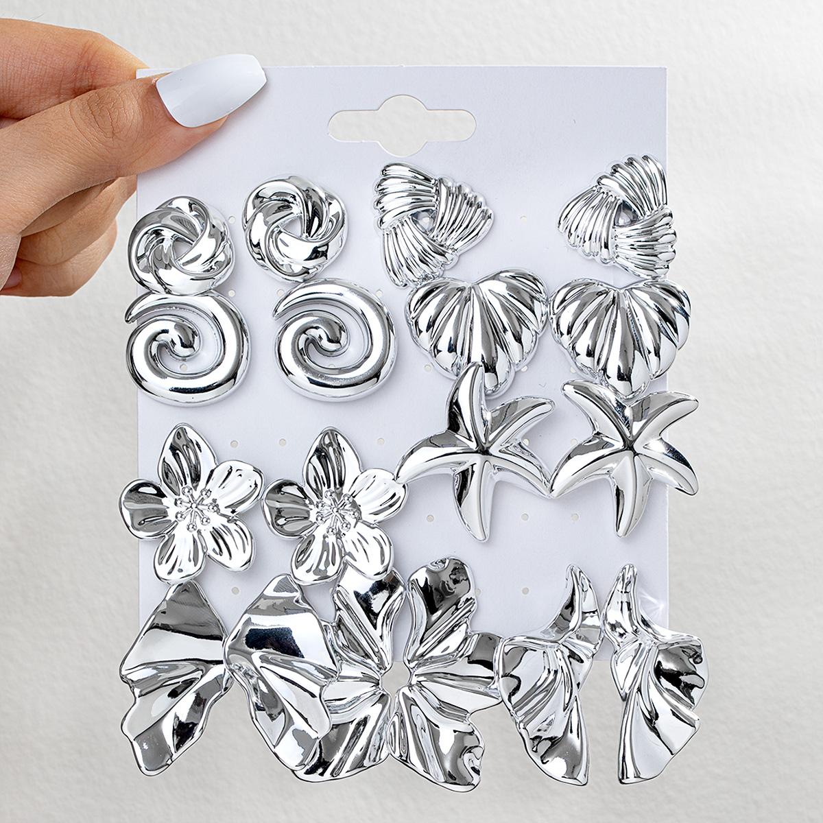 

9 pairs of CCB pleated petal heart-shaped earrings set, geometric spiral flower starfish women s earrings