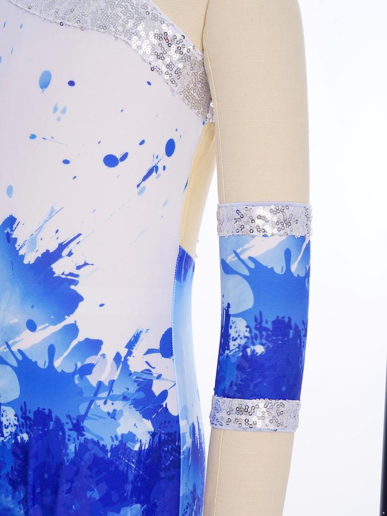 Girls Shiny Sequins Printed Gymnastics Jumpsuit: Sleeveless Asymmetrical Bodysuit Full Length Leotard 1Pc Glove for Figure Skating Dance Performance