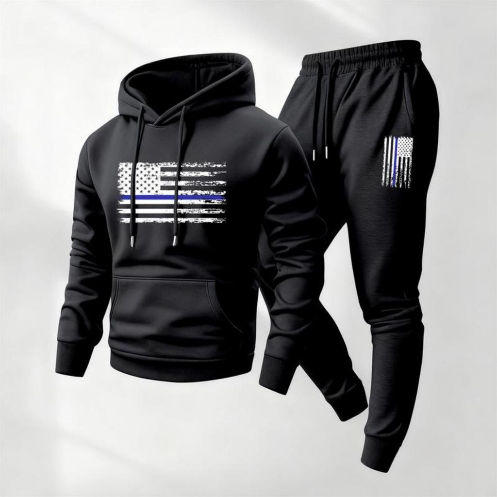 Men's Casual Printed Sweatshirt Set, Men's Hooded Drawstring Sweatshirt And Sweatpants Two-piece Set