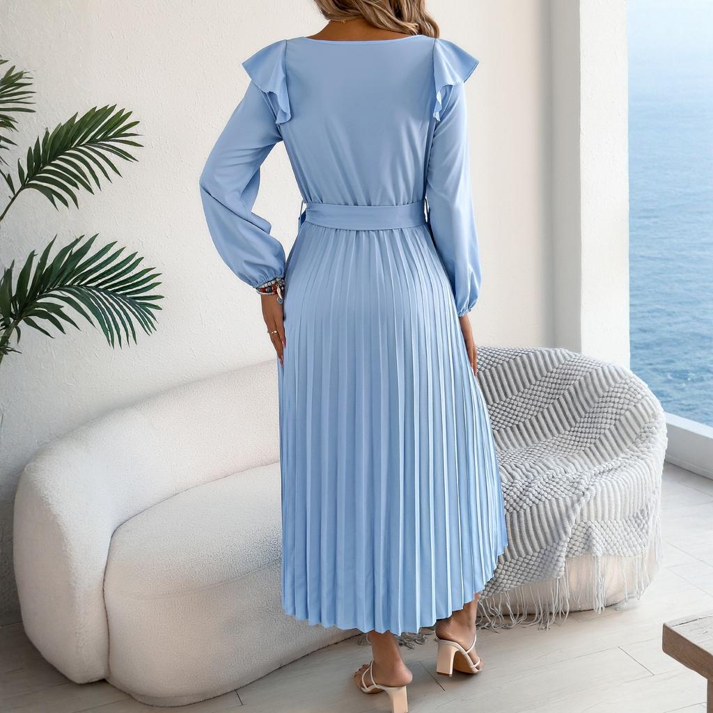 Dámské jednobarevné módní šaty s klopou a dlouhým rukávem