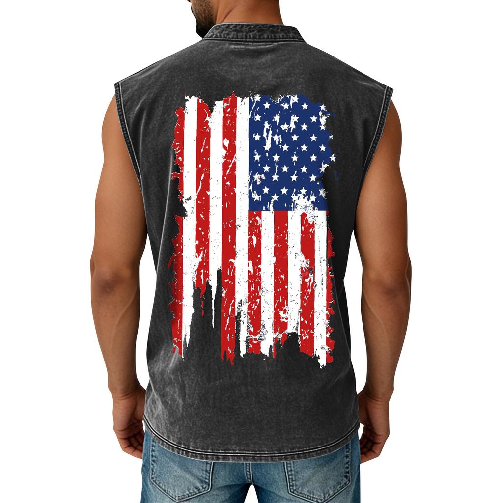 Men's Printed Washed Sports Button Pocket Sleeveless Vest