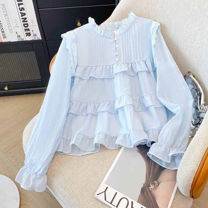 

Блузка-бэбидол из шифона небесно-голубого цвета во французском стиле с рукавами-пузырями для женщин XL