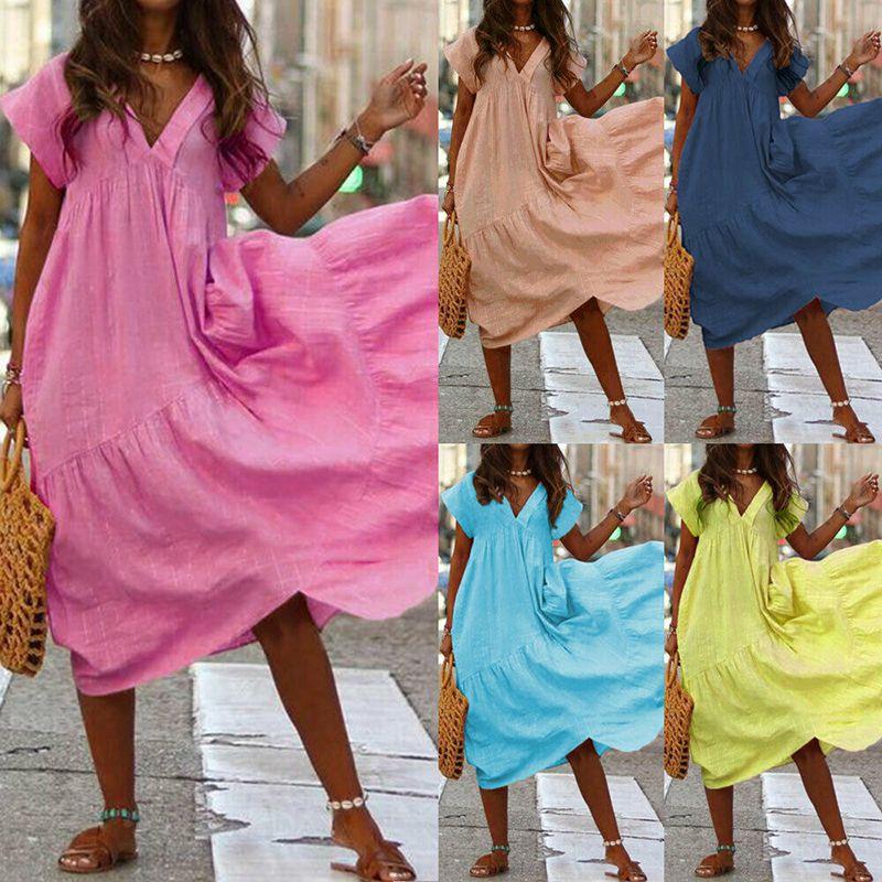 Elegant Women Fashion Maxi Dress Short Sleeve Solid Color Casual Boho Kaftan