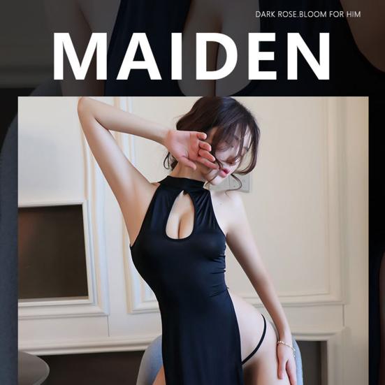 2 adet/takım gecelik külot seti yüksek bölünmüş oymak kolsuz Backless düz renk Qipao tarzı Cosplay G-string gecelik seti