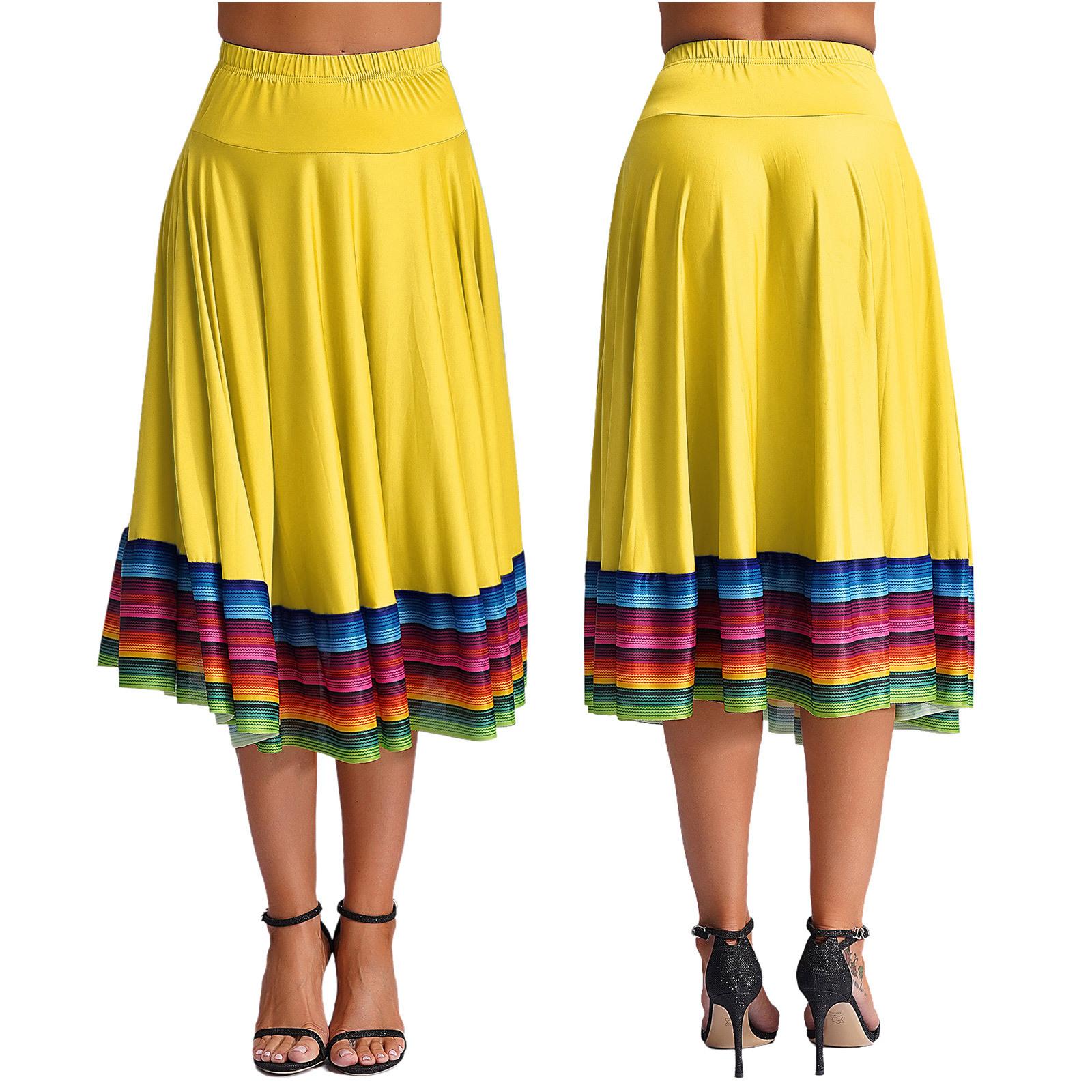 

Womens Colorful Stripe Hem Skirt Elastic Waistband Flamenco Ballroom Dance Folk Dancing Stage Performance Skirt XXL