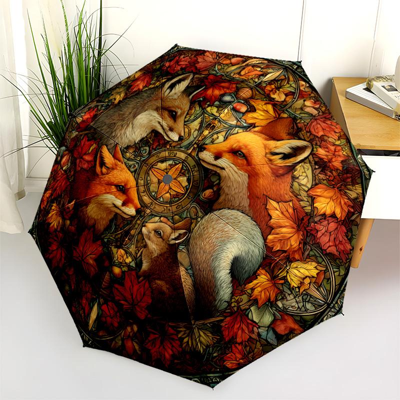 0106 Leaf Fox  Pattern, Automatic Folding Umbrella, Portable and Foldable Design, 8 Ribs, a Christmas or Birthday Gift.