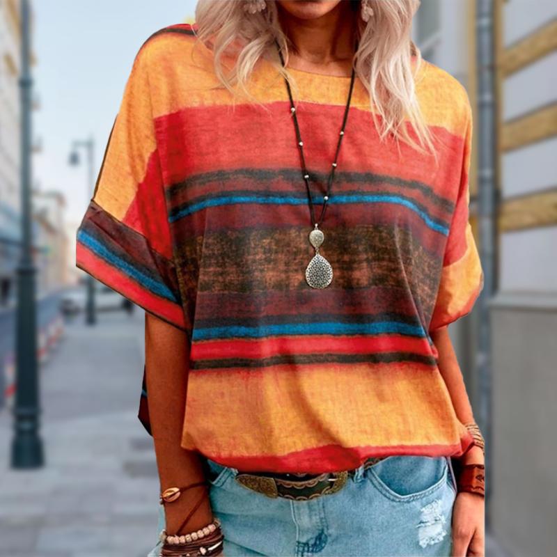 Damski Letni T-shirt Trend Paski Nadruk Retro Moda Krótki Rękaw T-shirty Casual Nadrukowane Topy
