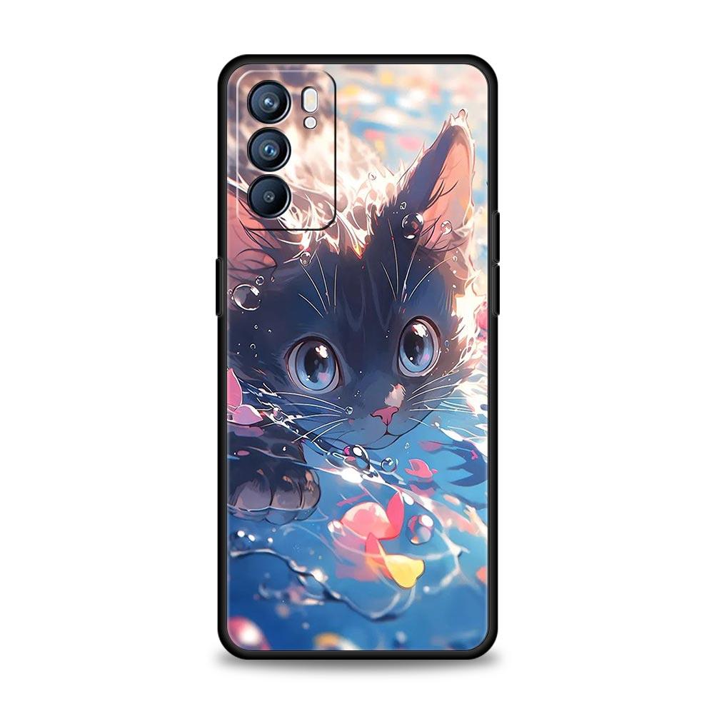Case For Oppo A54 A53 A52 A9 A15 A95 A17 A16 A76 A74 Find X6 X5 Reno8 Reno7 Reno6 Pro 5G Cover Cartoon Lovely Cat Art Fashion