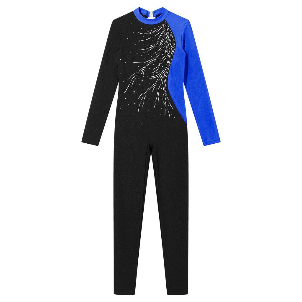 All-in-One Dance Costume for Girls: Complete Jumpsuit with Rhinestones, Hollow Back & Patchwork for Practice and Performance