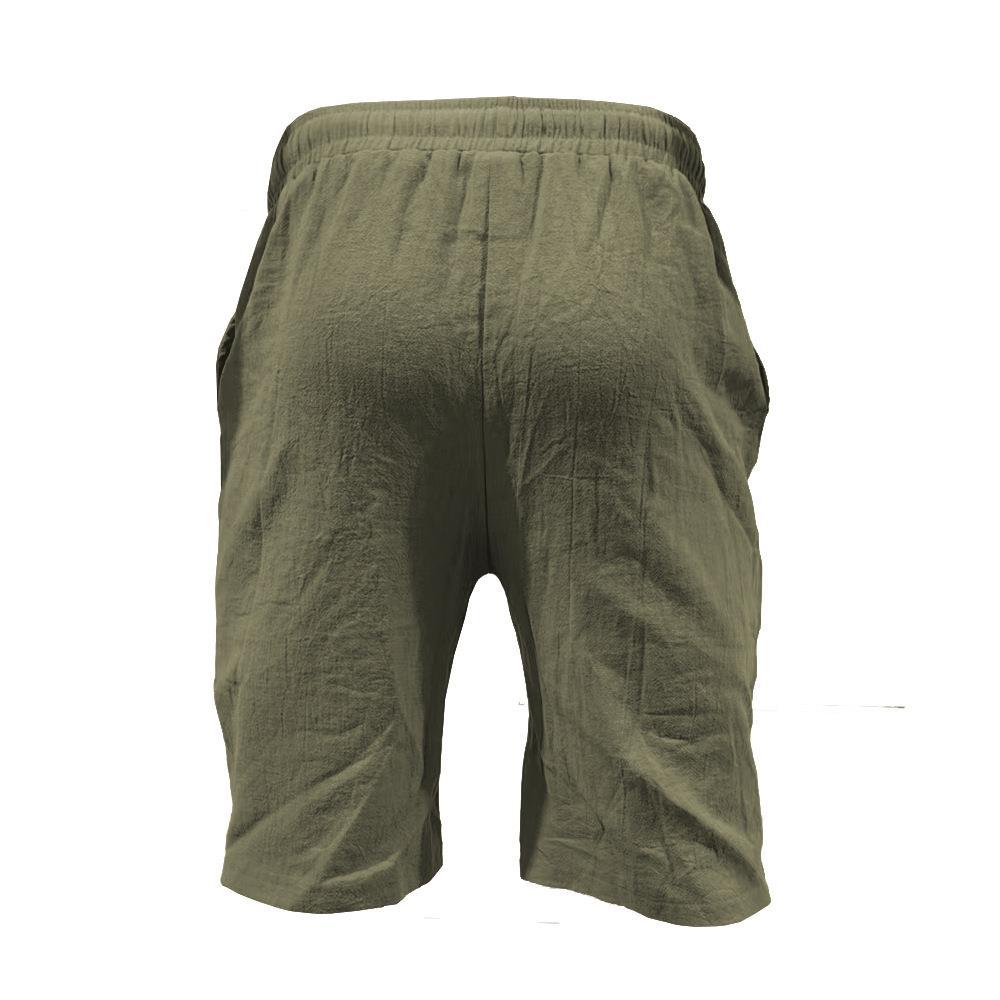 Men's Summer Cotton-Linen Shorts Drawstring Elastic Waistband Straight Leg Solid Color Breathable Casual Beach Shorts Mid-Length