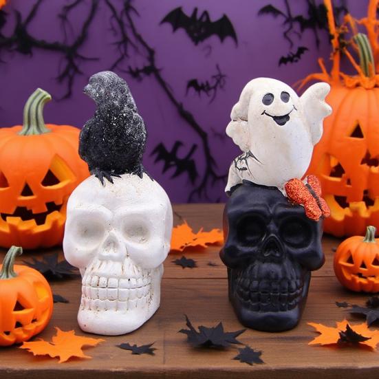Halloween Birds Skull Ornament Gothic Eerie Skull Sculpture Festive Atmosphere Halloween Tabletop Decoration