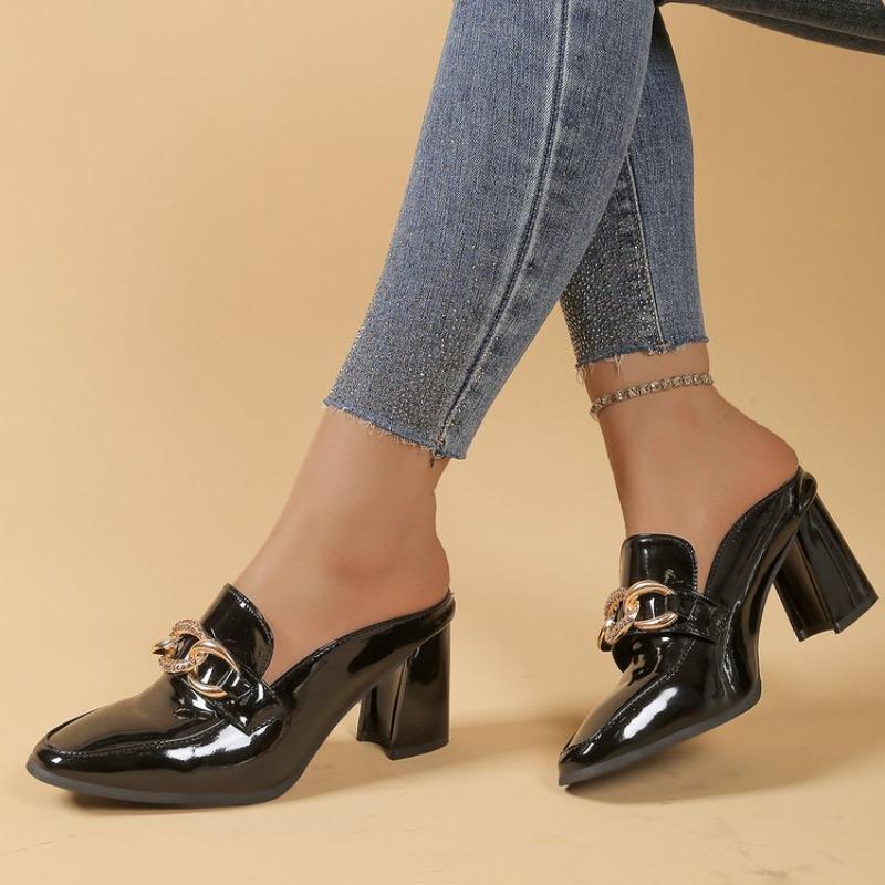 Fashion Fashion Light Weight High Quality Black Patent Leather Spring Slip on Square Heel Shoes Lady Casual