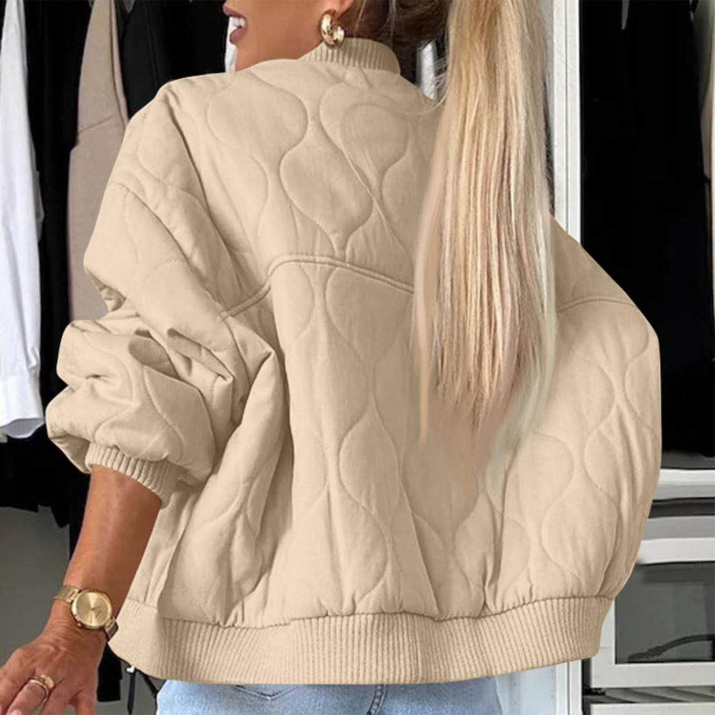 Dámská móda Ležérní podzimní a zimní jednobarevná bunda na zip Bavlněný kabát