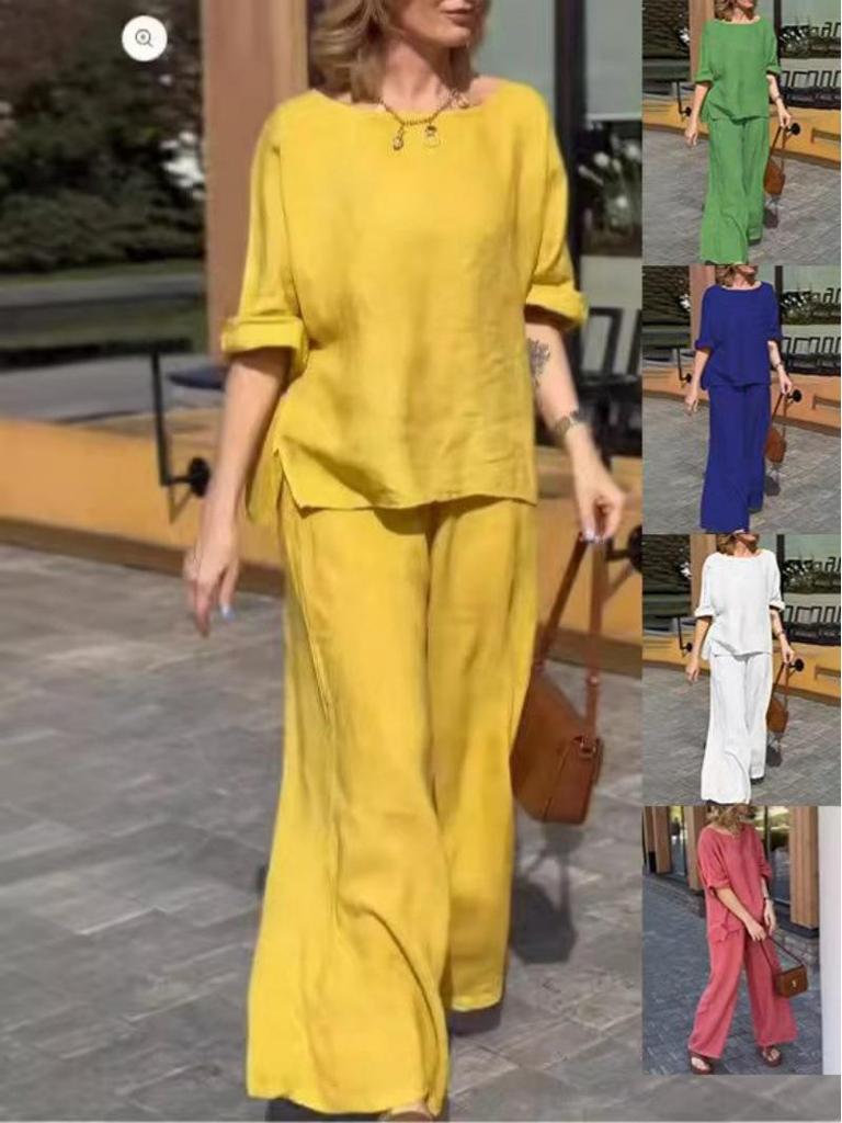 2025 Summer Women's Cotton Linen Two-Piece Set: Loose Casual Long Pants & Solid Color Top